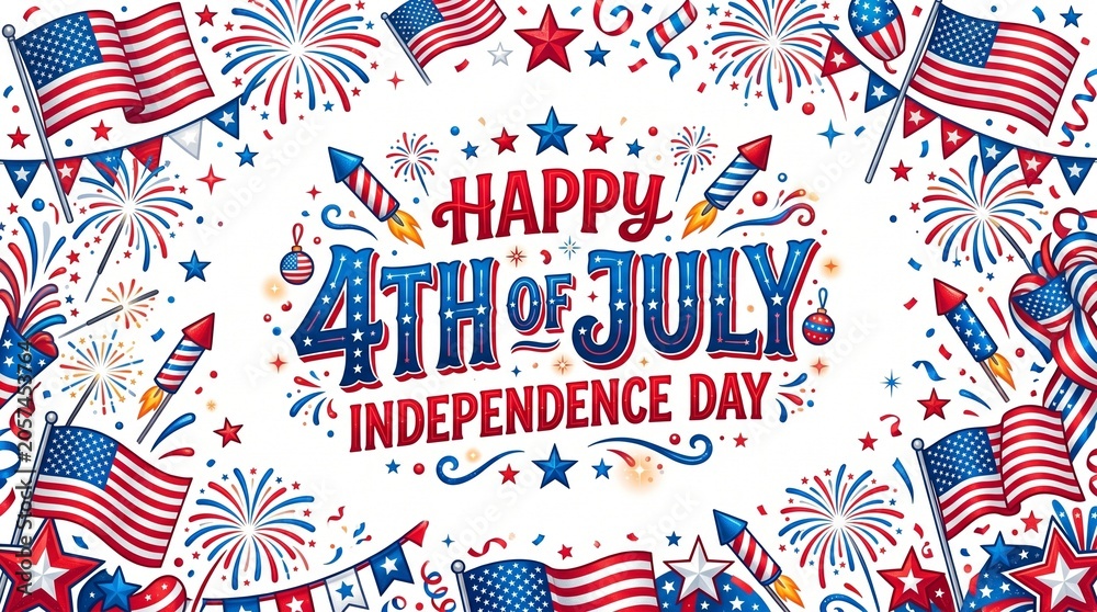 Obraz premium Festive 4th of july independence day illustration with fireworks and american flags