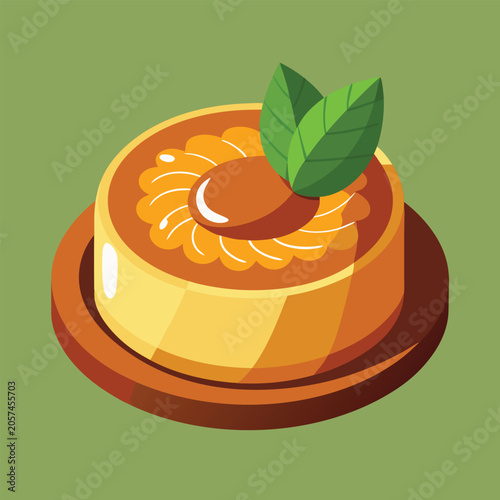 A colorful illustration of a dessert. featuring a round pastry with a decorative topping.