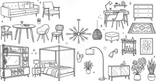 фотографія Cozy home furniture and decor line icon set featuring canopy bed sofa desk entertainment center bar cart rug houseplants and lighting vector elements