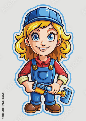 Cartoon female worker in overalls holding a tool