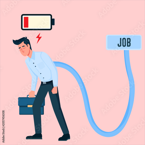 Overworked and Exhausted Employee with Low Battery Icon Tethered to Job, Burnout and Work Stress Vector Illustration.