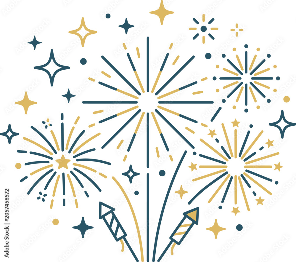 Obraz premium Fireworks Display Linear Vector Illustration On White Background