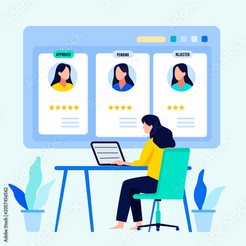 HR Manager Screening Profiles on Dashboard, Candidate Status Management for Approved, Pending, and Rejected Job Applicants Vector.