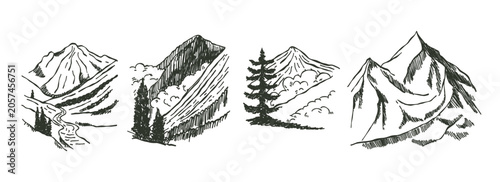 Quadro su tela Whimsical set hand drawn mountain landscape, wild nature view
