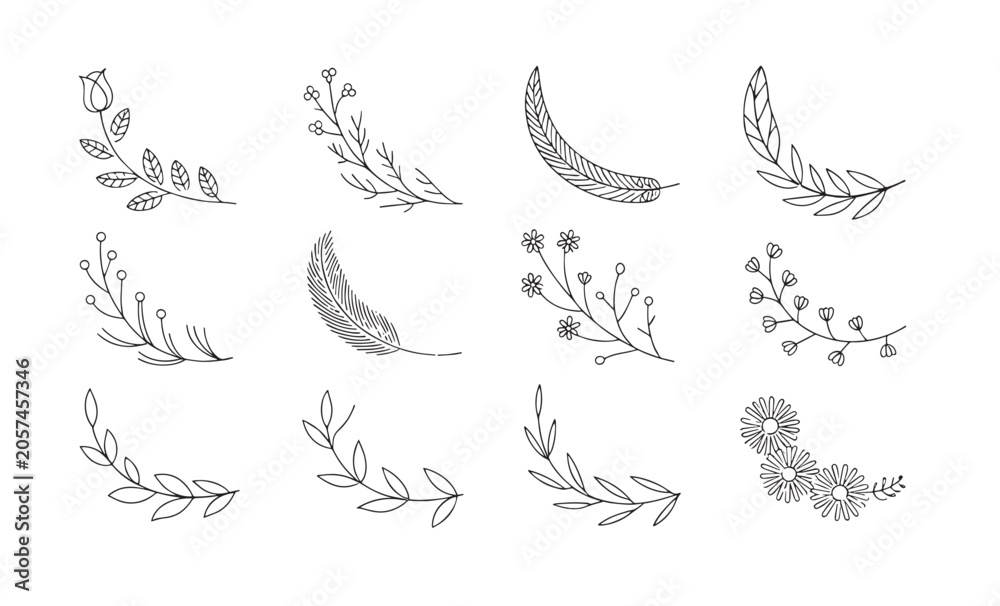 Obraz premium Curved Botanical Swag Crescent and Spray Outline Vector Set Flowing Line Art Florals for Greeting Card Invitation Page Header and Footer Layout Design