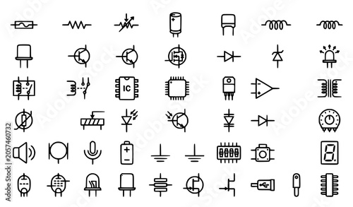 Foto Electronic engineering monoline icon set with capacitors resistors transistors r