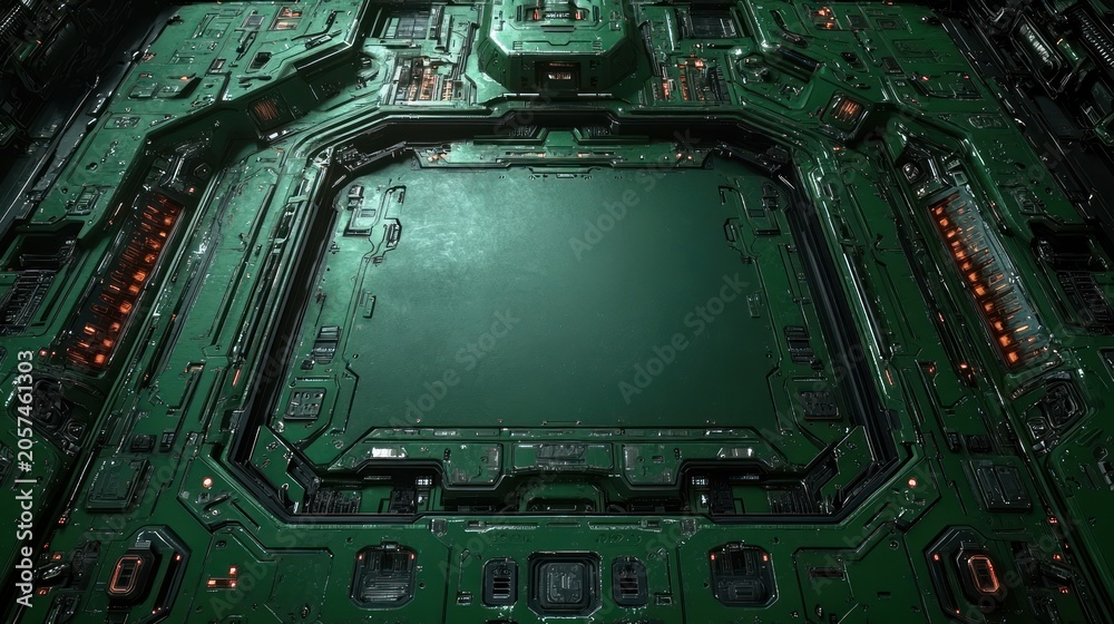 Fototapeta premium A detailed view of a green circuit board with glowing features and complex designs