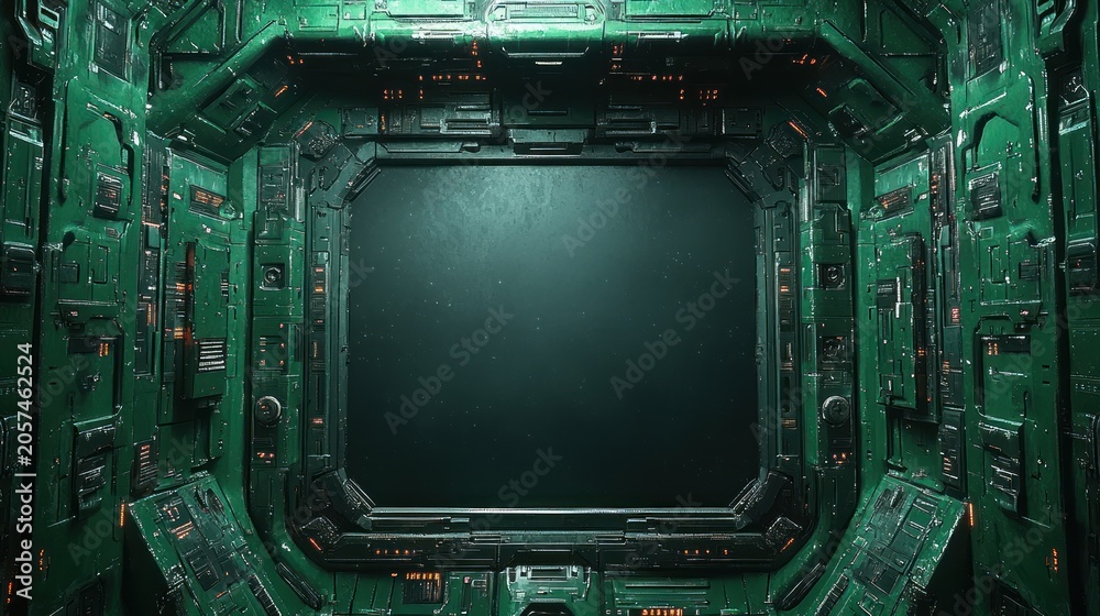 Fototapeta premium A corridor filled with intricate green panels and glowing lights inviting exploration