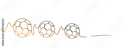Vector illustration, black gold line drawing of three soccer balls, world cup echo
