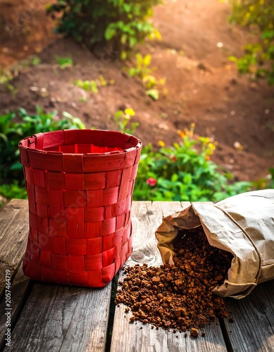 Red bucket filled with fallen autumn leaves.