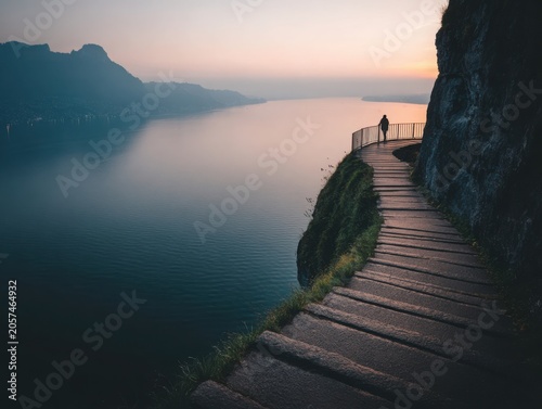 Man walking along wooden path by lake at sunset  