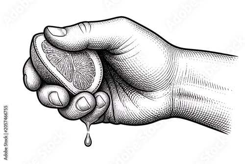 Schilderij op canvas A powerful hand firmly squeezes a fresh lemon slice in this striking black-and-white line illustration, capturing the moment of extraction as a single drop of tangy juice falls below