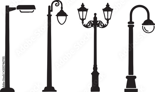 Set of four different street lamp post silhouettes isolated on transparent background featuring various vintage and modern urban lighting design elements.