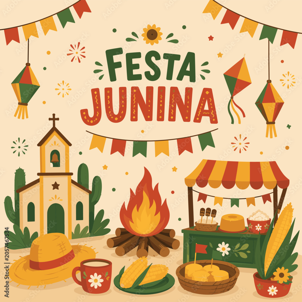 Fototapeta premium Festa Junina Holiday Poster Design with Bonfire Food Stall and Colorful Bunting Flags 