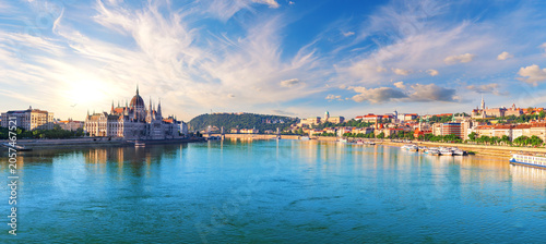 Photography Stunning panoramic view of Budapest parliament and bridges over Danube river at