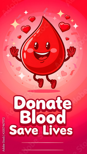 Healthcare Awareness Vector With Smiling Blood Drop Mascot And Donation Support Theme