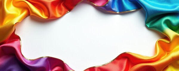 Drape of shiny silk fabric in rainbow colors forms a border. Gold trim edges wavy textile. Smooth material creates festive frame. Useful for celebrations, pride events, or graphic design.