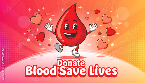 Colorful Donate Blood Save Lives Vector Illustration With Happy Healthcare Mascot