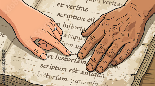 Fotografi Two hands pointing at an old book with Latin text.