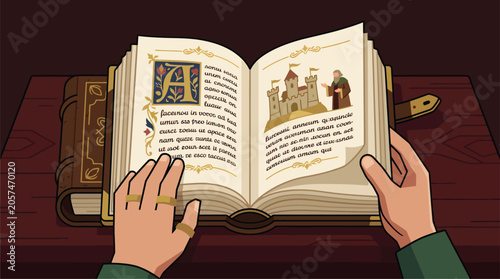 Schilderij op canvas Hands turning pages of an ancient illuminated manuscript book.