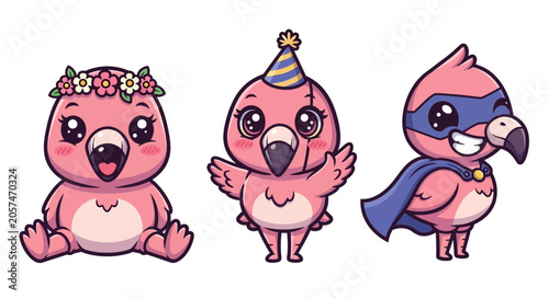 Cute Cartoon Birds with Party Hats and Superhero Cape.