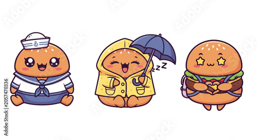 Cute cartoon food characters with different outfits and expressions.