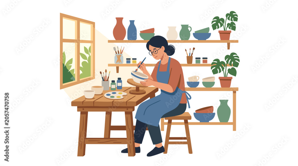 Fototapeta premium Woman artist painting pottery at a wooden table in a bright studio with shelves full of ceramics and plants