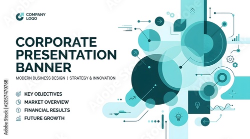 Corporate presentation banner modern business design strategy innovation key objectives market overview.