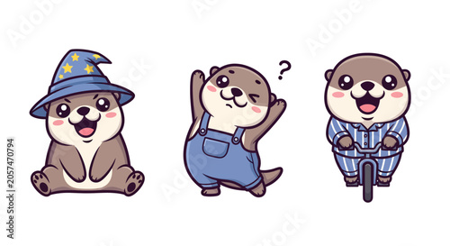 Cute Cartoon Otters in Different Outfits and Poses.