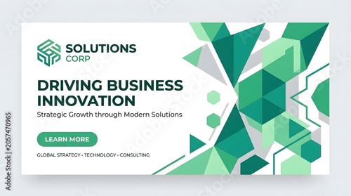 Modern green geometric banner design for technology and business innovation solutions concept.