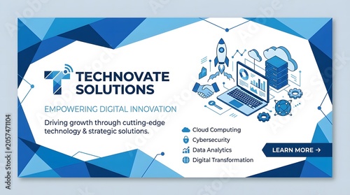 Blue technology solutions banner with isometric digital concept for cloud computing and cybersecurity.