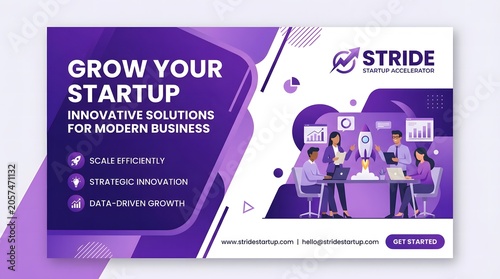 Purple startup accelerator landing page design with business team working around rocket ship.