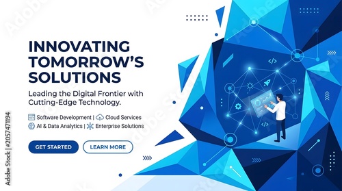 Innovating tomorrow's solutions banner with abstract blue polygonal network and digital interfaces.