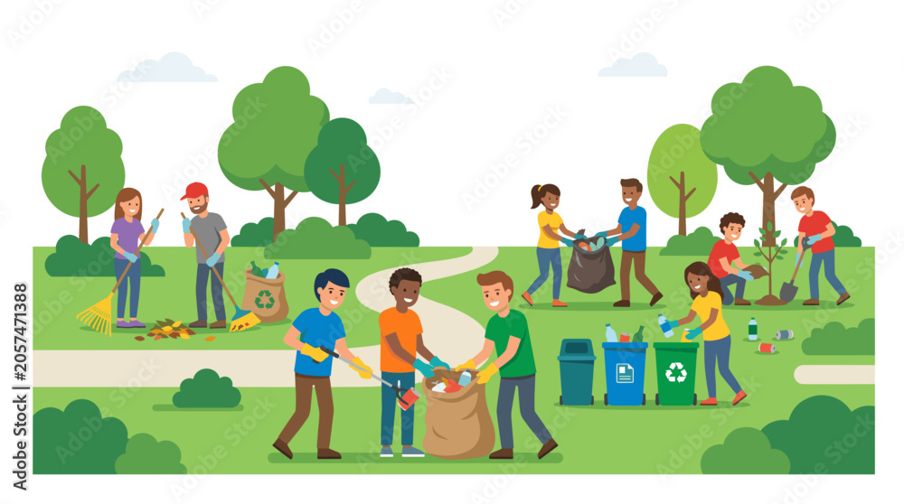 Fototapeta premium Diverse group of people cleaning up a park collecting trash in bags and recycling bins promoting environmental awareness and community service