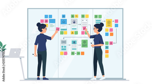 Two women collaborating on a large whiteboard with sticky notes and flowcharts, planning a project or strategy