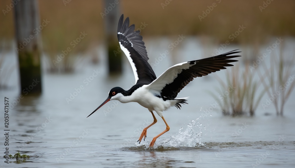 Obraz premium Black and white bird with long beak and legs takes off from shallow water. Wetlands reeds and wooden posts create natural background. Bird splashes water in habitat.