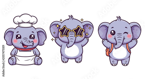 Cute Cartoon Elephants in Different Outfits and Poses.