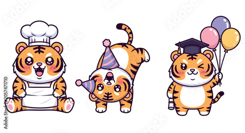 Cute Cartoon Tigers in Various Costumes and Celebrations.
