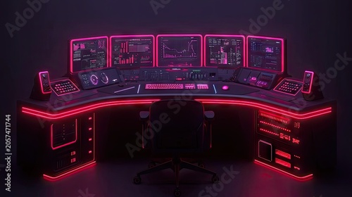Futuristic workstation setup glows with intense neon illumination in a dark environment