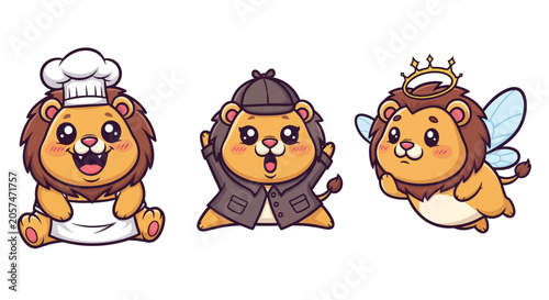 Cartoon Lions in Different Costumes and Outfits.