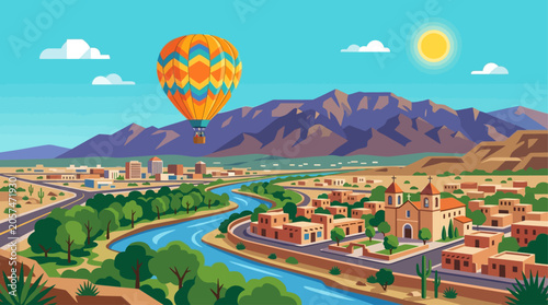 Εκτύπωση καμβά A vibrant flat design illustration capturing the breathtaking mass ascension of hot air balloons against a landscape of the New Mexico desert