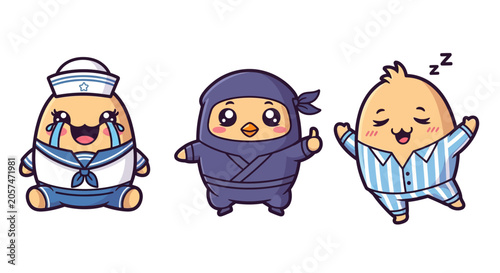Cute cartoon characters in various costumes and outfits.