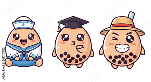 Cute Cartoon Bubble Tea Characters in Different Outfits.