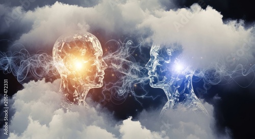 Ethereal crystal faces exchanging thoughts in cloudy sky