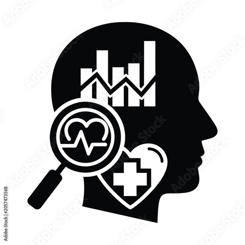 Medical data analysis icon, human head profile with health charts, heartbeat monitoring and diagnostic research vector