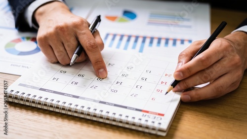 Businessman planning schedule on calendar and analyzing financial growth charts