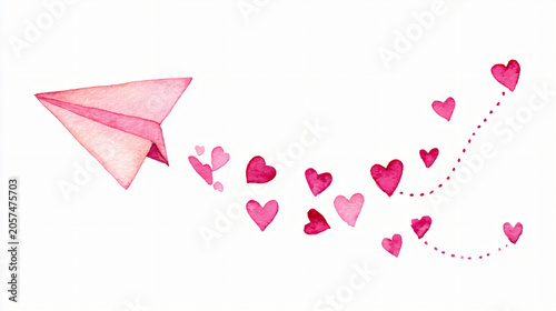 Watercolor pink paper airplane flying with scattered hearts illustration design