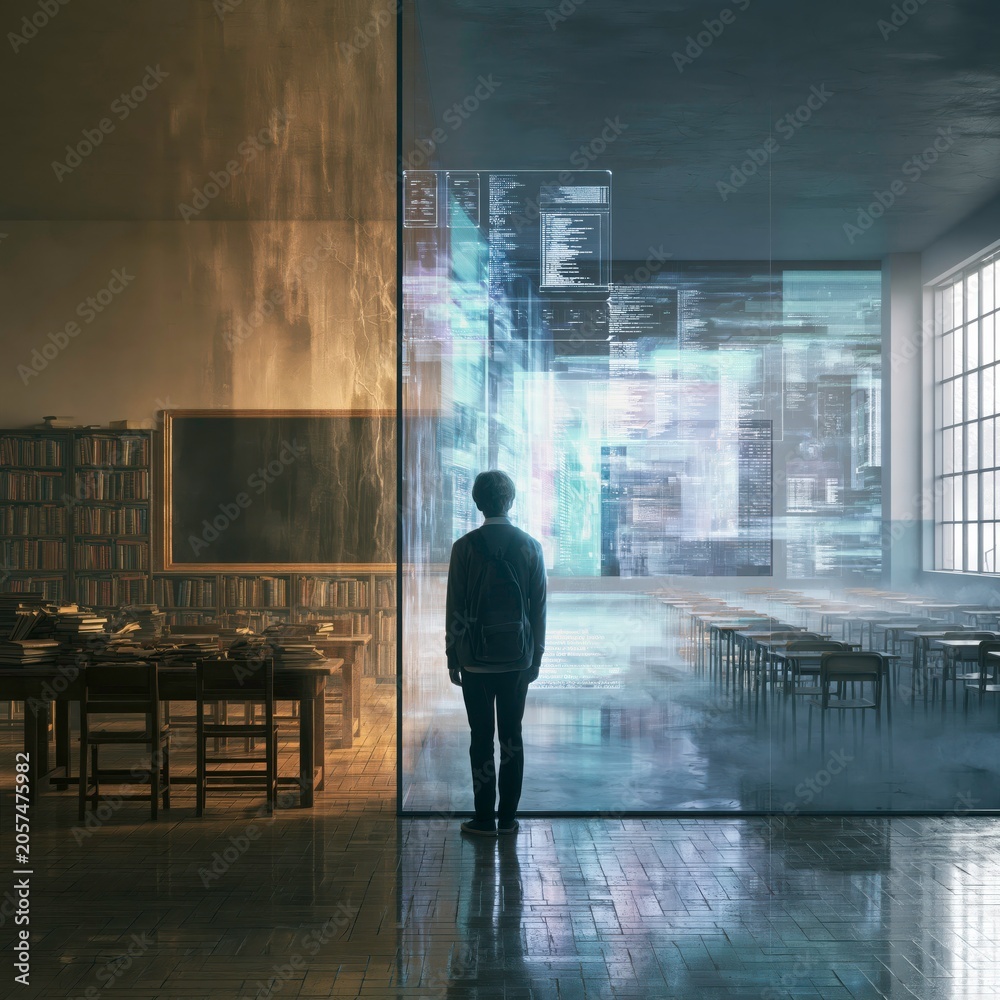 Fototapeta premium Young man contemplating the convergence of classic education and future technology within a split learning environment