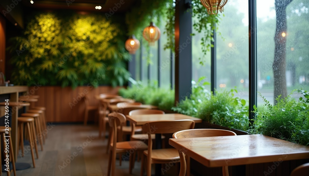 Obraz premium Interior of cafe with wooden tables chairs and abundant green plants. Big window shows rain outside creating calm cozy atmosphere. Perfect for relaxation and coffee break.