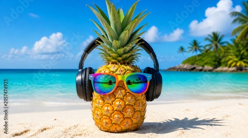 Pineapple with sunglasses and headphones on beach. Tropical summer vacation.
